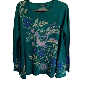 GUDRUN Sjoden Womens Sweater Size M Organic Linen Teal Purple Bird Floral